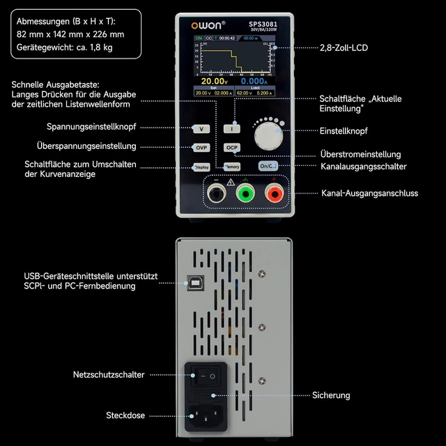 Alt view image 3 of 7 - OWON Lab Power Supply, 0-30V 0-8A Adjustable Switching DC Regulated Bench Power Supply with High OutPut Power 120W,Supports Computer Programming OutputVoltage/Current Curve Monitoring Function SPS3081