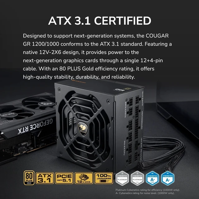Alt view image 6 of 7 - COUGAR GR1000 ATX 3.1 80+ Gold Power Supply - Native PCIe 5.1 12V-2X6, Fully Modular PSU, FDB Fan, 100% Japanese Capacitors, 10 Year Warranty (1000, Watts)