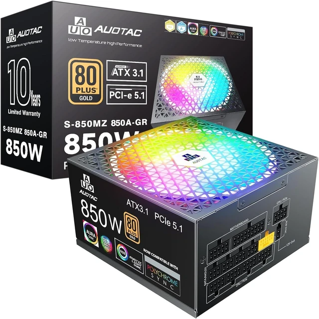 Main image of 850W Fully Modular Power Supply, 80+ Gold PSU, ATX 3.1 & PCIe 5.1 Ready, Native Dual-Color 12V-2x6 Cable, RGB Low-Noise Smart Fan, 105°C-Rated Capacitors, Black