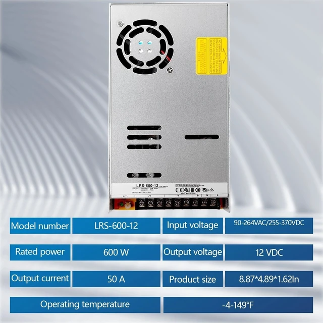 Alt view image 2 of 7 - LRS-600-12 Industrial Power Supply, 12V 50A 600W, High Efficiency 90%, Surge and Overload Protection, 5G Vibration Resistant, Reliable for Industrial Automation & Robotics