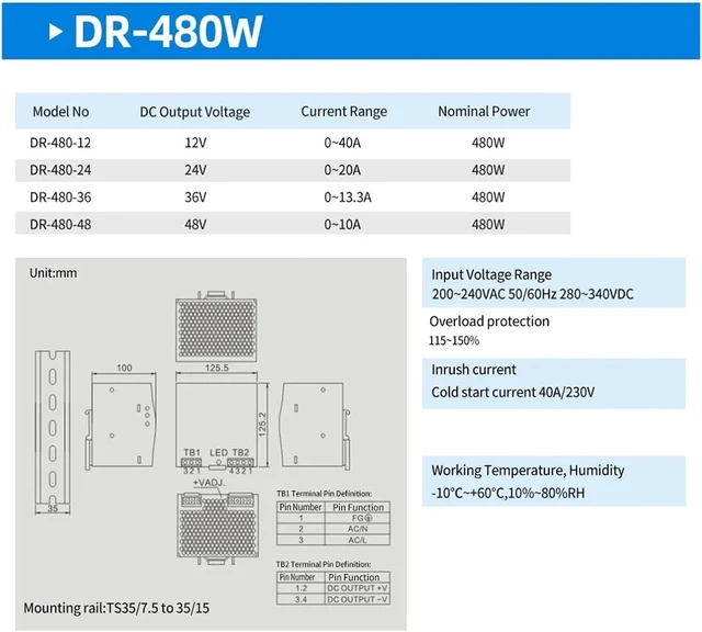 Alt view image 2 of 4 - Din-Rail Switching Power Supply Output 12V 24V 36V 48V Power 75W/100W/120W/240W/480W(DR-480,36V)