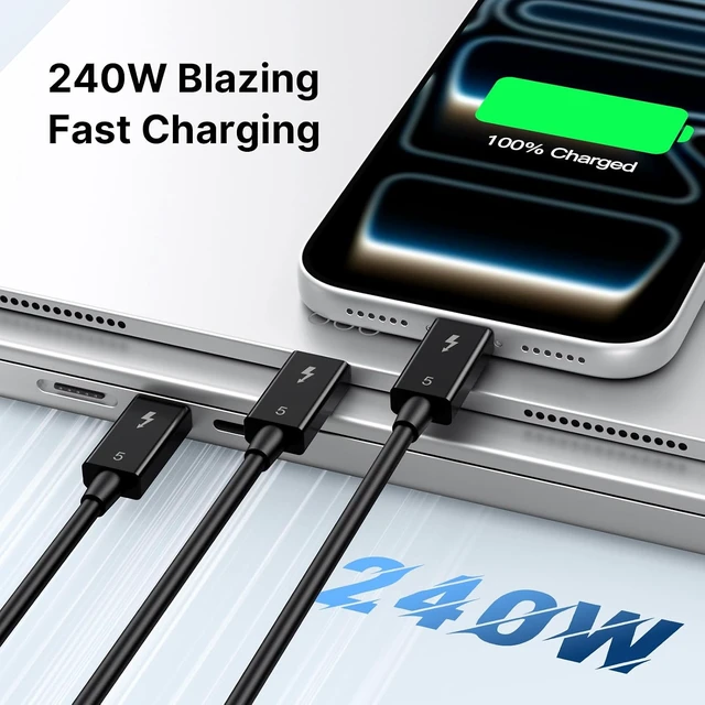 Alt view image 6 of 7 - Certified Thunderbolt 5 Cable 3.3ft/1m, 120Gbps Up to 80Gbps Bi-Directional, 240W PD3.1 Charging, 16K@60Hz DisplayPort2.1, Heavy-Duty DRPE USB-C Cable Compatible with Thunderbolt 4/3/USB4,
