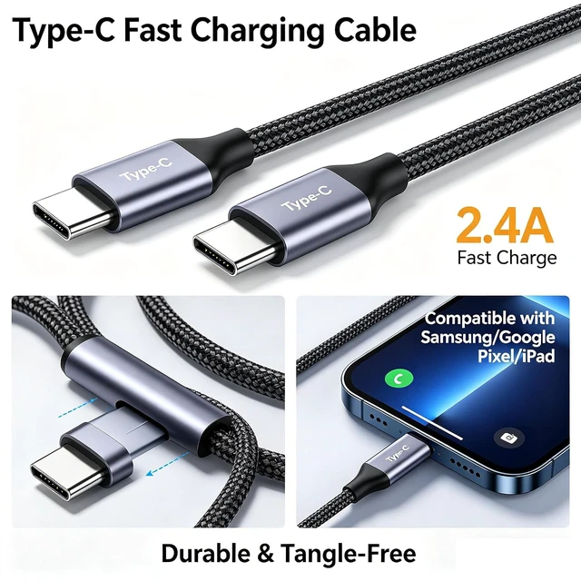 Alt view image 4 of 5 - Braided USB C, USB C Date Cable Type C