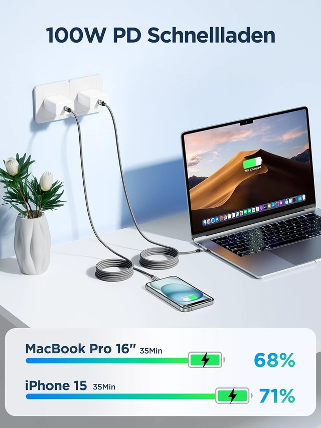 Alt view image 3 of 7 - Aioneus 2 Pack 2 m USB C to USB C Cable, 100 W 5 A PD QC 4.0 Quick Charge, Compatible with MacBook Pro, iPad, Samsung, iPhone 15