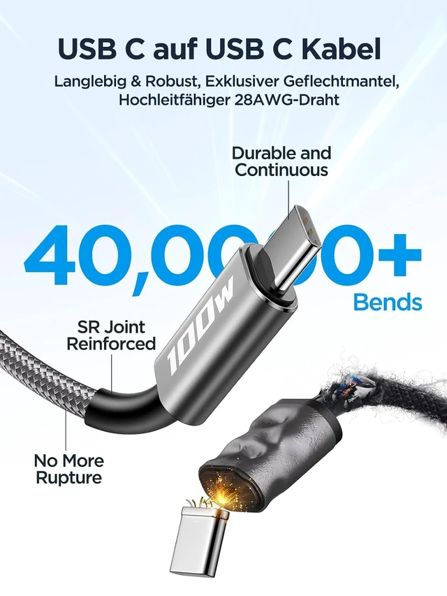 Alt view image 6 of 7 - Aioneus 2 Pack 2 m USB C to USB C Cable, 100 W 5 A PD QC 4.0 Quick Charge, Compatible with MacBook Pro, iPad, Samsung, iPhone 15