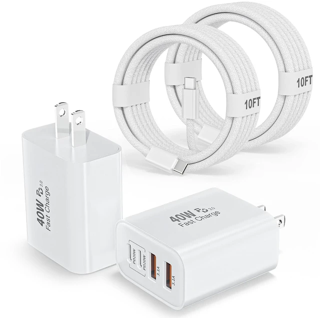 Main image of 10Foot iPhone 17 16 15 Pro Max Charger Fast Charging,40W 2Pack 4 Port PD&AC USB Charger Block 10FT USB C to C Woven Cable Quick Charging Cord for iPhone 17 Air/17 16 15 Pro/16e/16 Plus/15/15 Pro/iPad