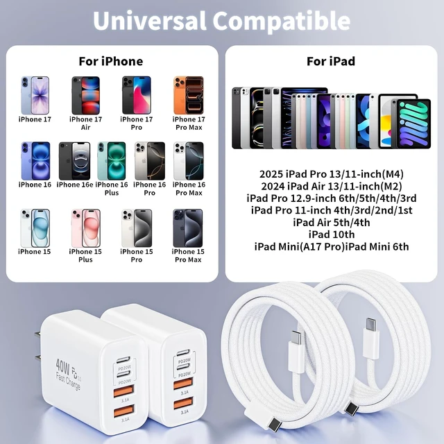 Alt view image 2 of 7 - 10Foot iPhone 17 16 15 Pro Max Charger Fast Charging,40W 2Pack 4 Port PD&AC USB Charger Block 10FT USB C to C Woven Cable Quick Charging Cord for iPhone 17 Air/17 16 15 Pro/16e/16 Plus/15/15 Pro/iPad