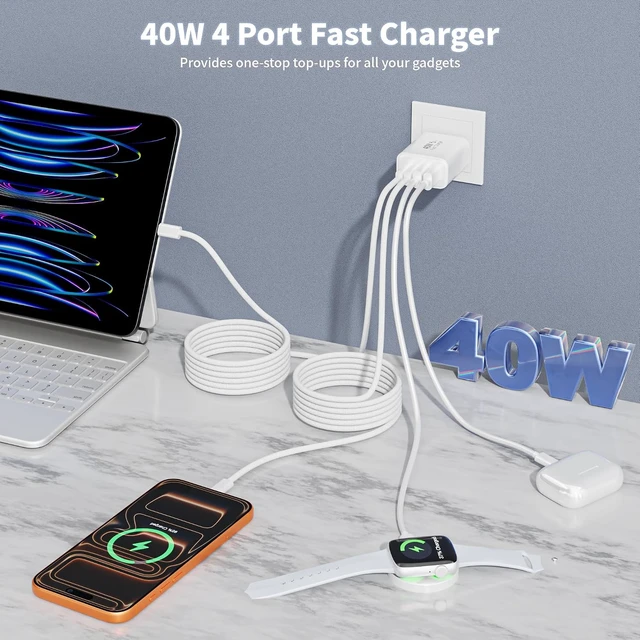 Alt view image 3 of 7 - 10Foot iPhone 17 16 15 Pro Max Charger Fast Charging,40W 2Pack 4 Port PD&AC USB Charger Block 10FT USB C to C Woven Cable Quick Charging Cord for iPhone 17 Air/17 16 15 Pro/16e/16 Plus/15/15 Pro/iPad
