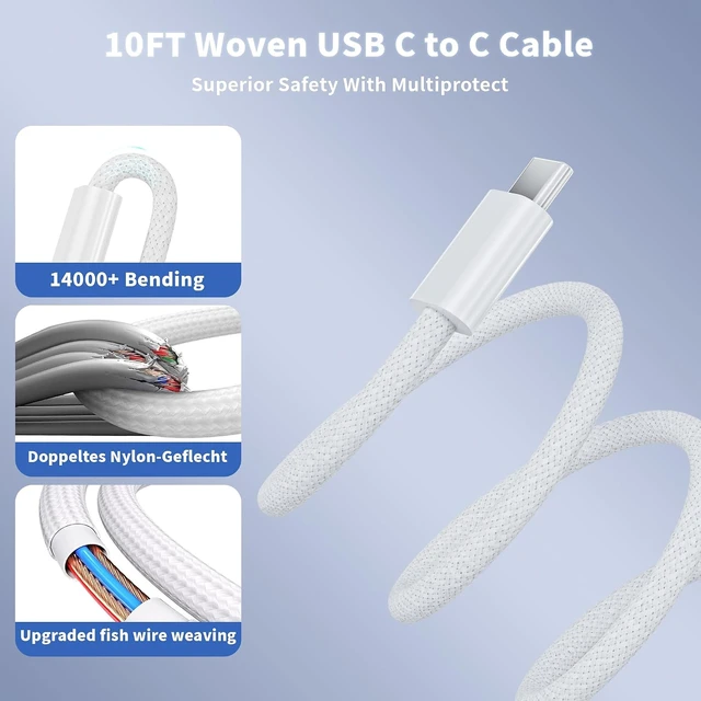 Alt view image 5 of 7 - 10Foot iPhone 17 16 15 Pro Max Charger Fast Charging,40W 2Pack 4 Port PD&AC USB Charger Block 10FT USB C to C Woven Cable Quick Charging Cord for iPhone 17 Air/17 16 15 Pro/16e/16 Plus/15/15 Pro/iPad