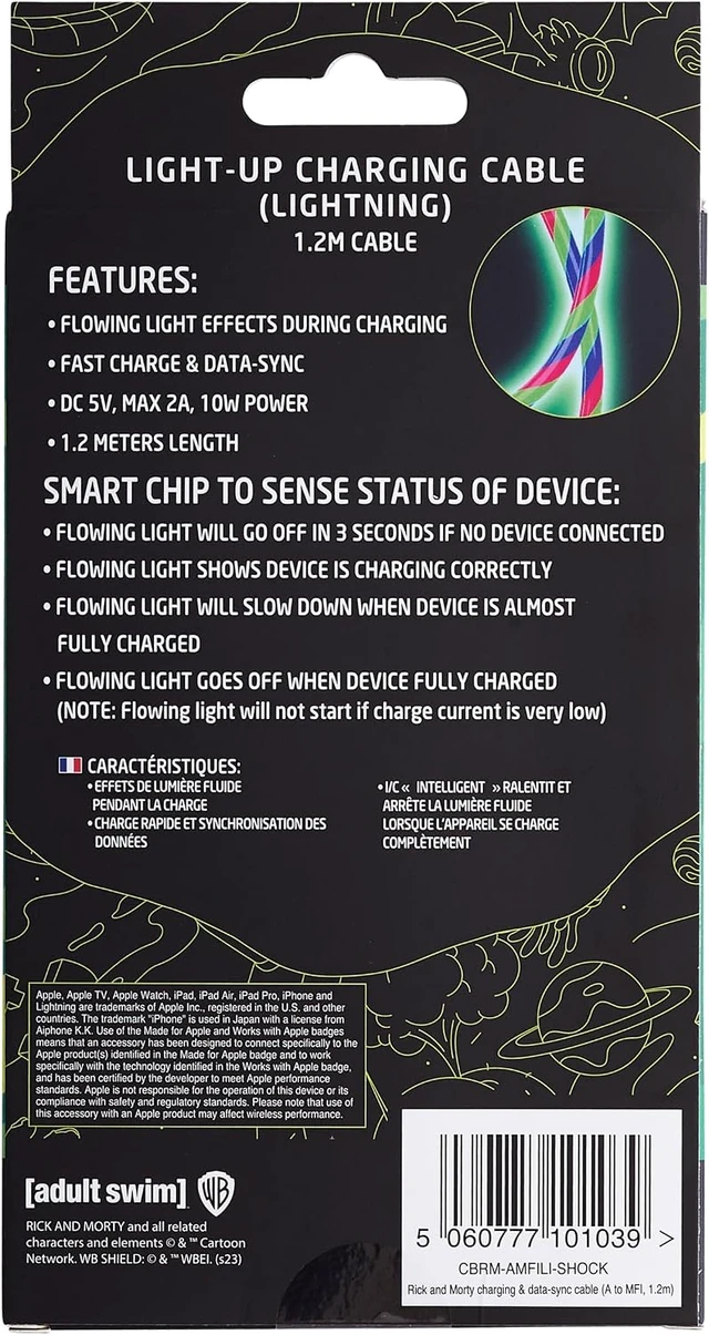 Alt view image 4 of 7 - Official Licensed Rick And Morty Light Up MFI Lightning Charging Cable With Flowing Light Effect, Fast Charge And Data Sync. For iPhones, Tablets, iPads, Bluetooth Headphones, Power Banks Etc.