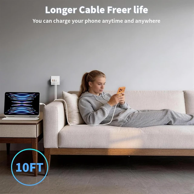 Alt view image 6 of 7 - 10Foot iPhone 17 16 15 Pro Max Charger Fast Charging,40W 2Pack 4 Port PD&AC USB Charger Block 10FT USB C to C Woven Cable Quick Charging Cord for iPhone 17 Air/17 16 15 Pro/16e/16 Plus/15/15 Pro/iPad