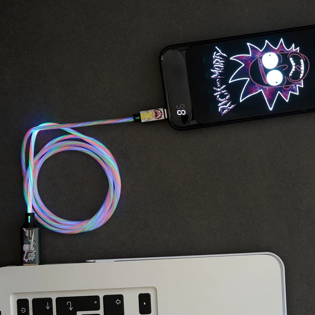 Alt view image 6 of 7 - Official Licensed Rick And Morty Light Up MFI Lightning Charging Cable With Flowing Light Effect, Fast Charge And Data Sync. For iPhones, Tablets, iPads, Bluetooth Headphones, Power Banks Etc.