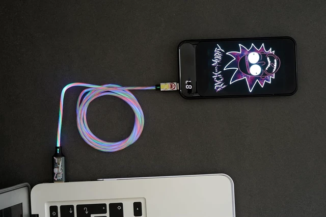 Alt view image 7 of 7 - Official Licensed Rick And Morty Light Up MFI Lightning Charging Cable With Flowing Light Effect, Fast Charge And Data Sync. For iPhones, Tablets, iPads, Bluetooth Headphones, Power Banks Etc.