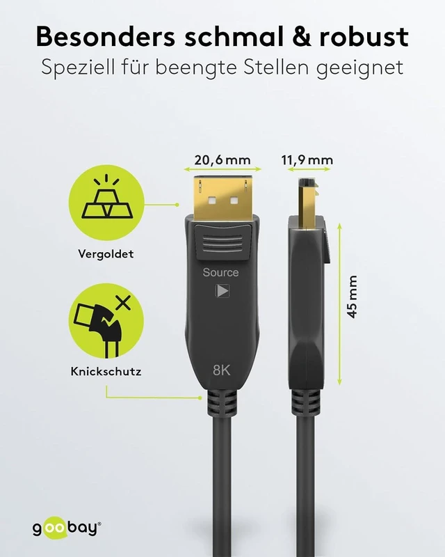 Alt view image 5 of 7 - goobay 64866 Optical DisplayPort Hybrid Connection Cable 2.0 (AOC) / 8K Ultra HD 4320p (60 Hz) / Hybrid Fibre Optic Copper Conductor/Gold-Plated Contact Surfaces/DisplayPort to DisplayPort / 10 m