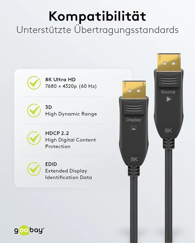 Alt view image 6 of 7 - goobay 64866 Optical DisplayPort Hybrid Connection Cable 2.0 (AOC) / 8K Ultra HD 4320p (60 Hz) / Hybrid Fibre Optic Copper Conductor/Gold-Plated Contact Surfaces/DisplayPort to DisplayPort / 10 m