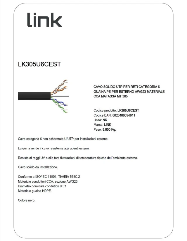 Alt view image 2 of 7 - LINK Solid UTP Cable for Networks Category 6 PE Outdoor AWG23 Material Cca Massa 305m