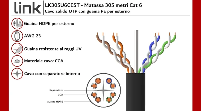 Alt view image 3 of 7 - LINK Solid UTP Cable for Networks Category 6 PE Outdoor AWG23 Material Cca Massa 305m