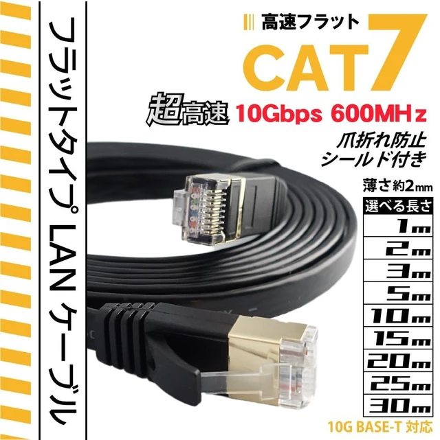 Alt view image 2 of 7 - CAT7 25m Flat LAN Cable (Black) 0.08 inch (2 mm) Thin Ultra High Speed 10GBASE-T 600MHz 10Gbps Category 7 Shielded RJ45 Break-Resistant Soft Slim Black for LAN Communication Cable for PCs