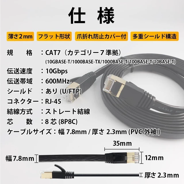 Alt view image 7 of 7 - CAT7 25m Flat LAN Cable (Black) 0.08 inch (2 mm) Thin Ultra High Speed 10GBASE-T 600MHz 10Gbps Category 7 Shielded RJ45 Break-Resistant Soft Slim Black for LAN Communication Cable for PCs