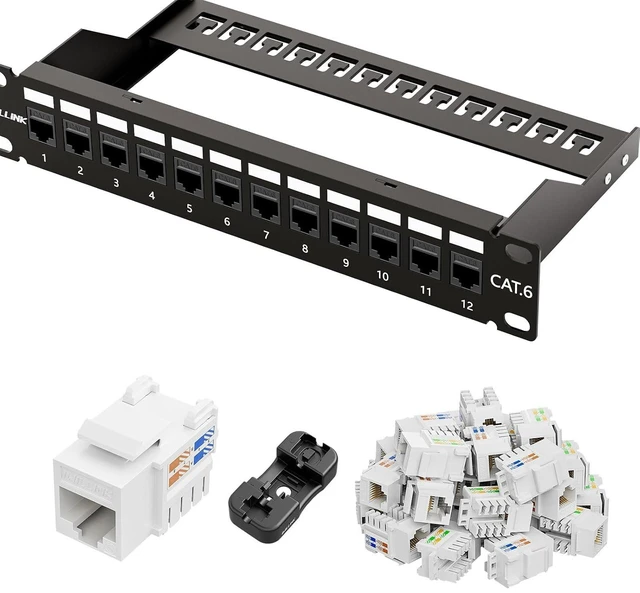 Main image of iwillink 12 Port RJ45 Through Coupler Cat6 Patch Panel with Back Bar and Keystone Jack RJ45 Keystone Jack 25-Pack