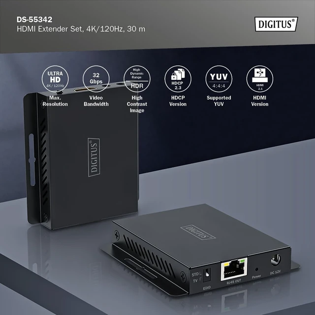 Alt view image 2 of 7 - Digitus HDMI Extension Set - for Extending HDMI Signals via Network Cable - UltraHD 4k/120Hz - HDMI 2.1-40m Range - HDCP, HDR, EDID - CAT 6, CAT 6A, CAT 7 - Black
