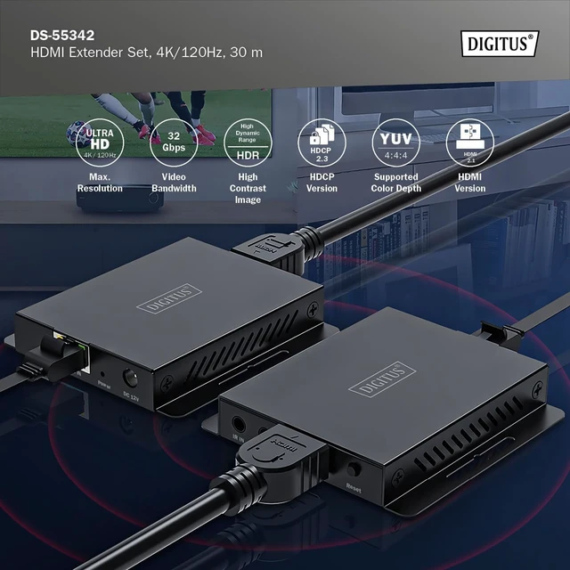 Alt view image 3 of 7 - Digitus HDMI Extension Set - for Extending HDMI Signals via Network Cable - UltraHD 4k/120Hz - HDMI 2.1-40m Range - HDCP, HDR, EDID - CAT 6, CAT 6A, CAT 7 - Black