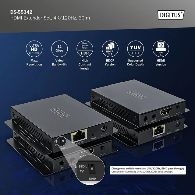Alt view image 4 of 7 - Digitus HDMI Extension Set - for Extending HDMI Signals via Network Cable - UltraHD 4k/120Hz - HDMI 2.1-40m Range - HDCP, HDR, EDID - CAT 6, CAT 6A, CAT 7 - Black