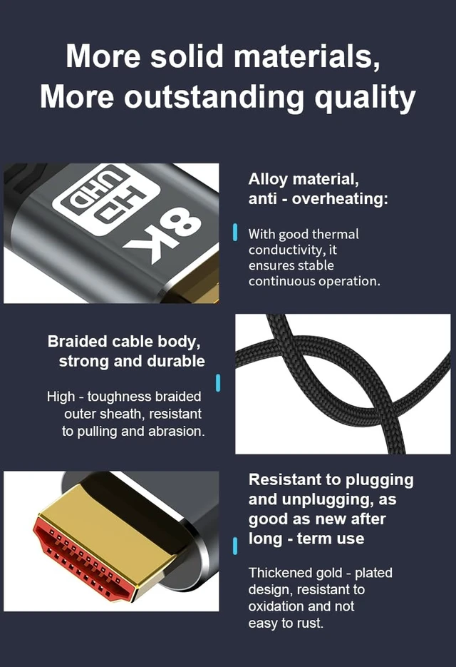 Alt view image 7 of 7 - PremiumCord 8K Ultra High Speed HDMI 2.1 Cable M/M 48Gbps with Ethernet, Video Resolution 8K @ 60Hz, Deep Colour, 3D, EDID, ARC, HDR, 3X Shielded, Textile Cable Braid, Gold-Plated, Length 7 m