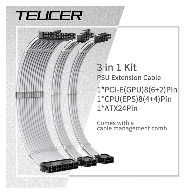 Alt view image 2 of 4 - 30cm PSU Extension Cable 3 in 1 Kit Motherboard ATX 24Pin GPU PCI-E 6+2Pin 8Pin CPU EPS 4+4Pin 18AWG Power Cord(All White)