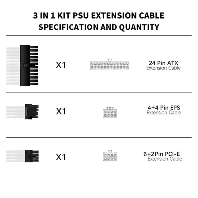 Alt view image 4 of 4 - 30cm PSU Extension Cable 3 in 1 Kit Motherboard ATX 24Pin GPU PCI-E 6+2Pin 8Pin CPU EPS 4+4Pin 18AWG Power Cord(All White)