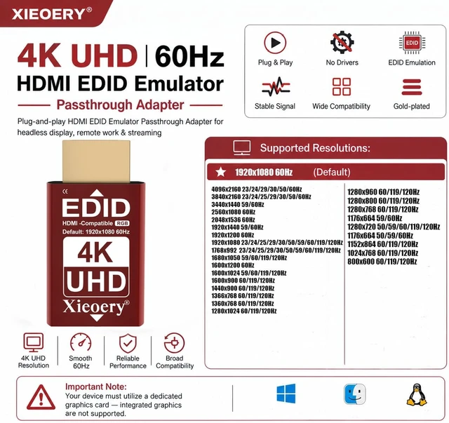 Alt view image 3 of 7 - 4K HDMI EDID Emulator 3840×2160 24/30/60Hz, Dummy HDMI Plug for Remote Desktop, Headless Servers, GPU Rigs, KVM, Industrial PCs, Stable Signal Output & Multi-Resolution EDID Support-6pack