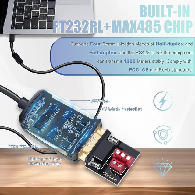 Alt view image 2 of 6 - CQRobot Industrial 10.5 ft USB to RS485/RS422 Serial Port Adapter Cable