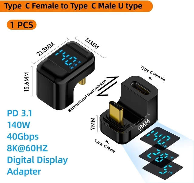 Alt view image 3 of 3 - 90 Degree USB C Adapter Right Angle U Shape Type C Adapter 40Gbps Data Transfer PD 140W USB4.0 8K 60Hz Video(UX Black)