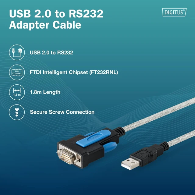 Alt view image 2 of 7 - DIGITUS USB 2.0 to RS232 Adapter Cable - USB-A DB9 Male - 1.8m