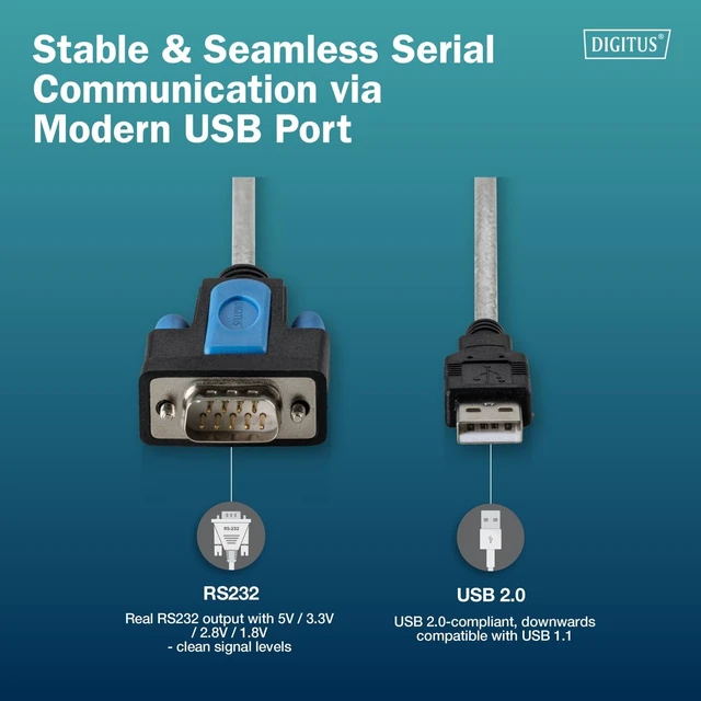 Alt view image 3 of 7 - DIGITUS USB 2.0 to RS232 Adapter Cable - USB-A DB9 Male - 1.8m