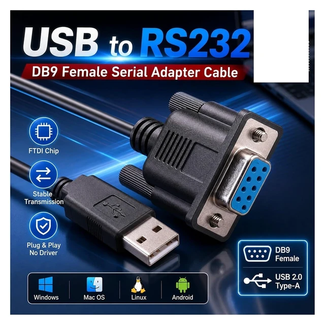 Alt view image 3 of 4 - F&T>D*I FT232RL USB to RS232 DB9 Female Serial Converter Cord Standard Pinout Null Modem Adapter for Linux(Standard DB9)