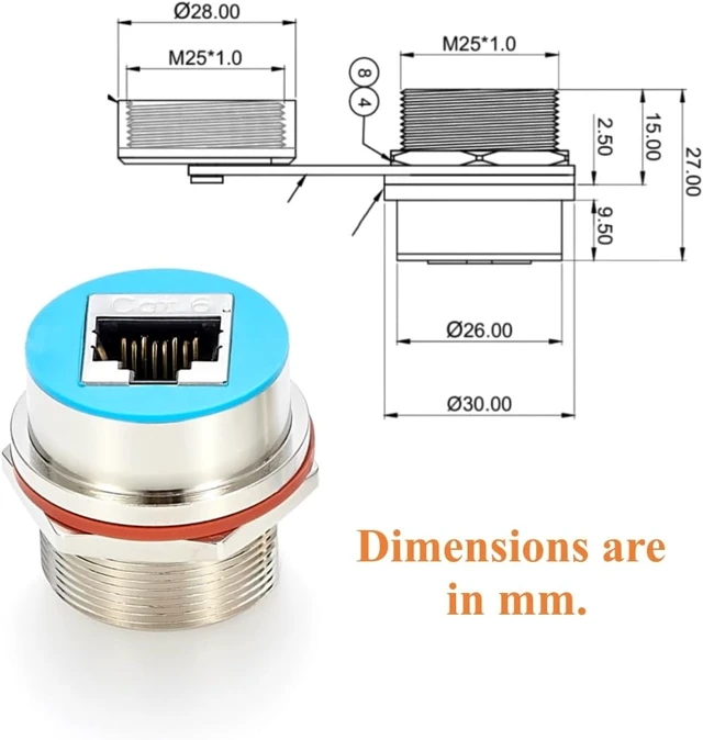 Alt view image 3 of 7 - IP67 Rugged RJ45 CAT6 Ethernet Female to Female Panel Mount Connector