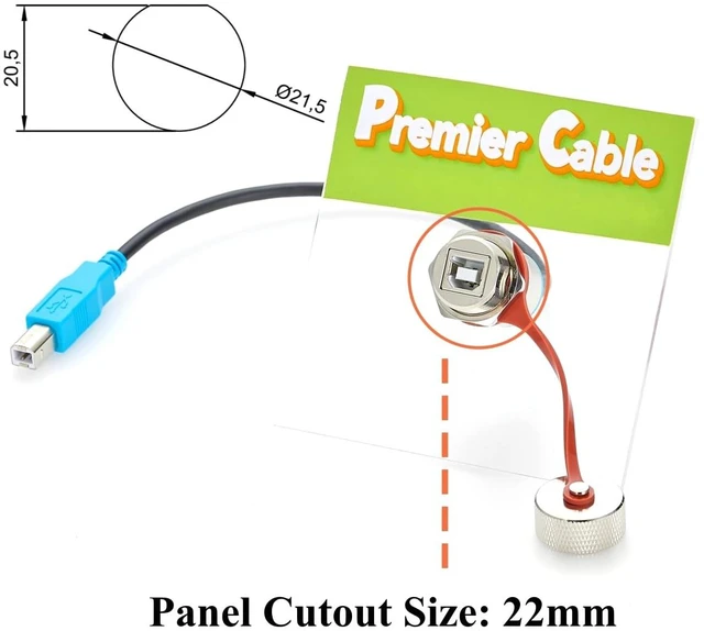 Alt view image 2 of 7 - Waterproof USB 2.0 B Male to Female Panel Mount Extension Cable (0.3M/1FT)