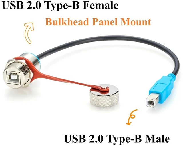 Alt view image 3 of 7 - Waterproof USB 2.0 B Male to Female Panel Mount Extension Cable (0.3M/1FT)