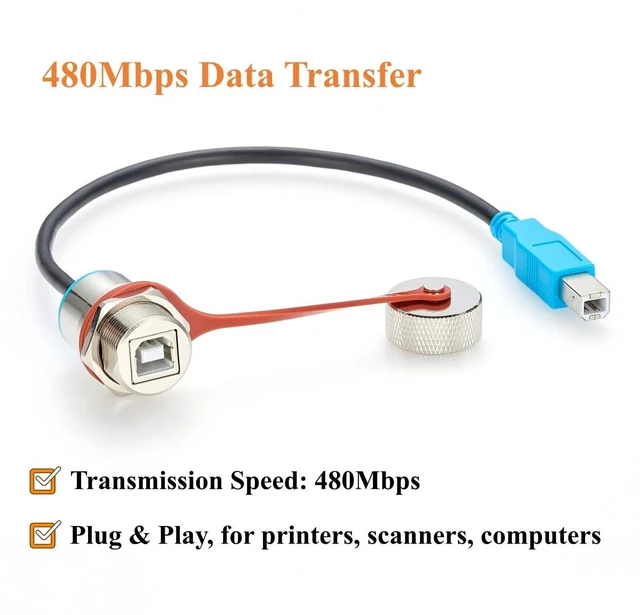 Alt view image 4 of 7 - Waterproof USB 2.0 B Male to Female Panel Mount Extension Cable (0.3M/1FT)