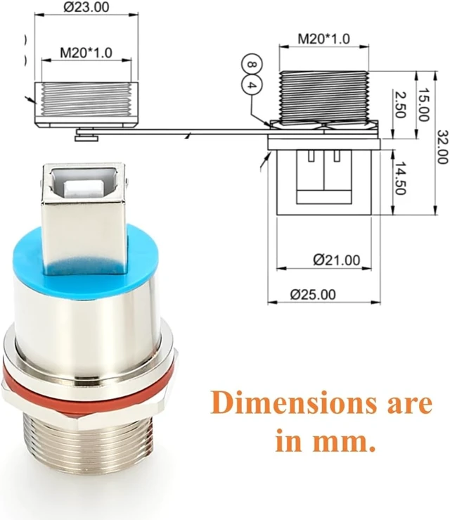 Alt view image 3 of 7 - Rugged IP67 Waterproof USB 2.0 Type-B Female to Female Panel Mount Coupler