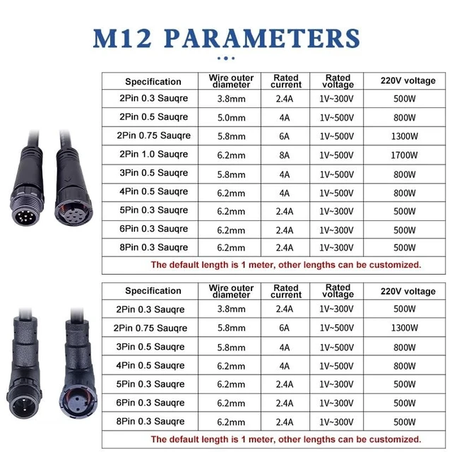 Alt view image 2 of 5 - M12 Aviation Plug Connector 3/4/5/6/8 Pin Water Proof Male to Female Extension Cable 0.3-1.0 Square Straight/Elbow 1 Meter(Male to Female-S,0.75 Square,5Pin)