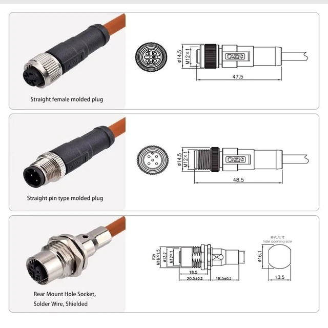Alt view image 4 of 6 - M12 4-pin Aviation Plug 5-pin Straight Male and Female A-Type Code 20AWG Shielded Data Cable Connector Plug(4p Male to 5p Female,1M)