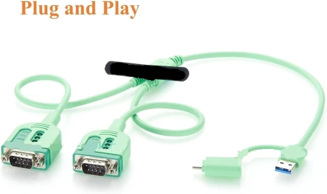 Alt view image 3 of 3 - 2 Port USB A & C to Dual DB9 Male RS232 Serial Cable COM Adapter