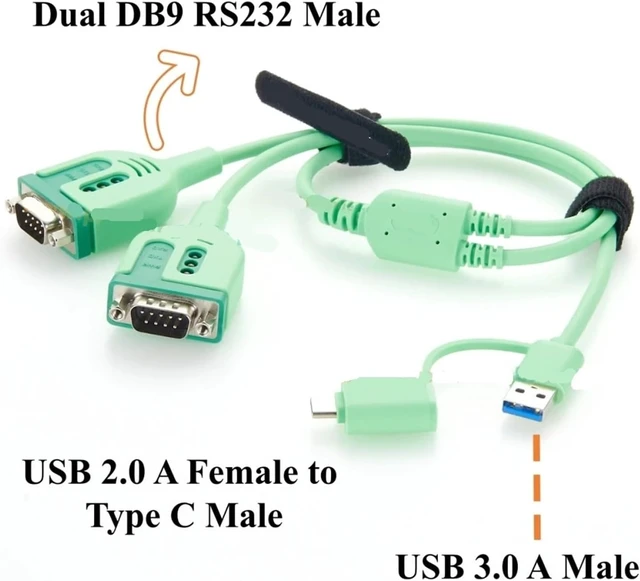 Alt view image 2 of 3 - 2 Port USB A & C to Dual DB9 Male RS232 Serial Cable COM Adapter