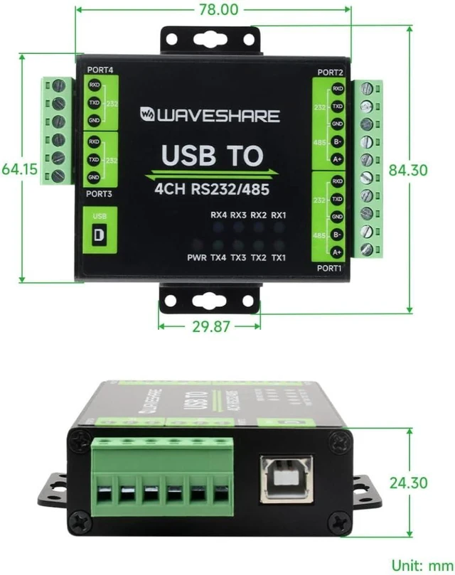 Alt view image 6 of 6 - Industrial USB to 4-Port Serial Converter with FT4232HL Chip, 2 Isolated RS232 and 2 Isolated RS232 485 Ports for Microcontroller and IoT Development SKU-26681