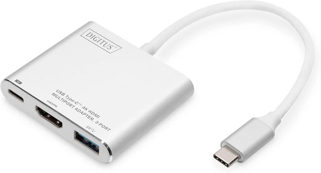 Main image of DIGITUS USB Type-C Multiport Graphics Adapter, USB Type-C to HDMI + USB A 3.0 + USB C, Charging Function, 4K Ultra HD 30Hz, Aluminium, 51 x 58 x 11 mm