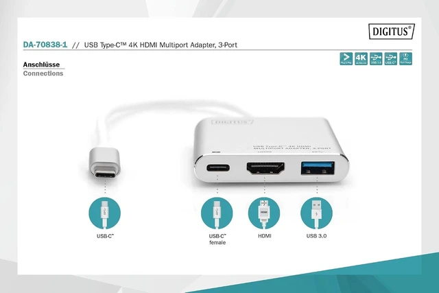 Alt view image 2 of 6 - DIGITUS USB Type-C Multiport Graphics Adapter, USB Type-C to HDMI + USB A 3.0 + USB C, Charging Function, 4K Ultra HD 30Hz, Aluminium, 51 x 58 x 11 mm