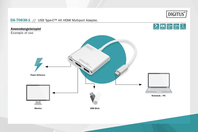 Alt view image 3 of 6 - DIGITUS USB Type-C Multiport Graphics Adapter, USB Type-C to HDMI + USB A 3.0 + USB C, Charging Function, 4K Ultra HD 30Hz, Aluminium, 51 x 58 x 11 mm
