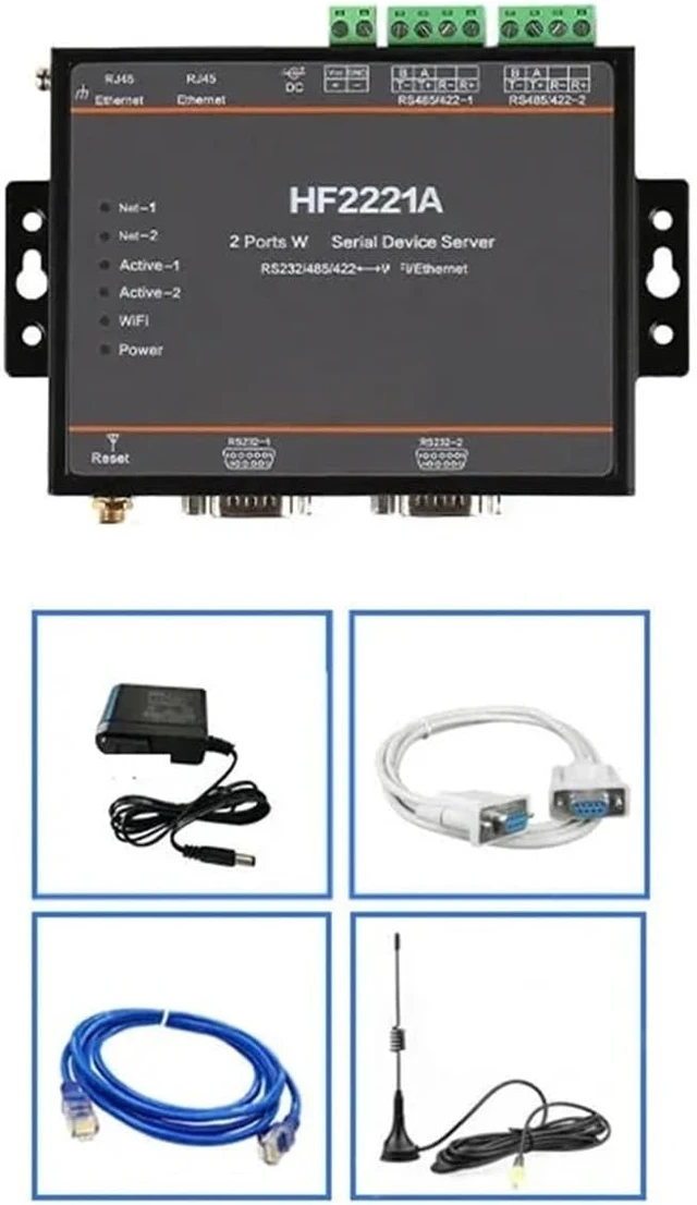 Alt view image 2 of 3 - 2 Ports Serial Server RS232/485/422 to Ethernet Support for Modbus Gateways with HF2221A Sucker/Glue Stick Antenna